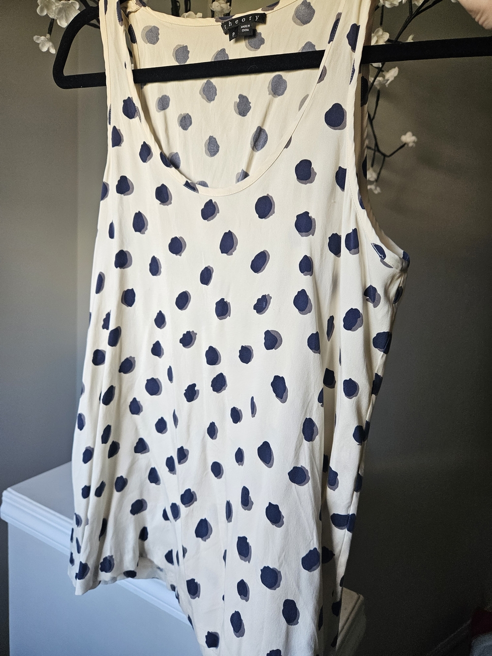 Theory Cream Tank Top with Navy Polka Dots